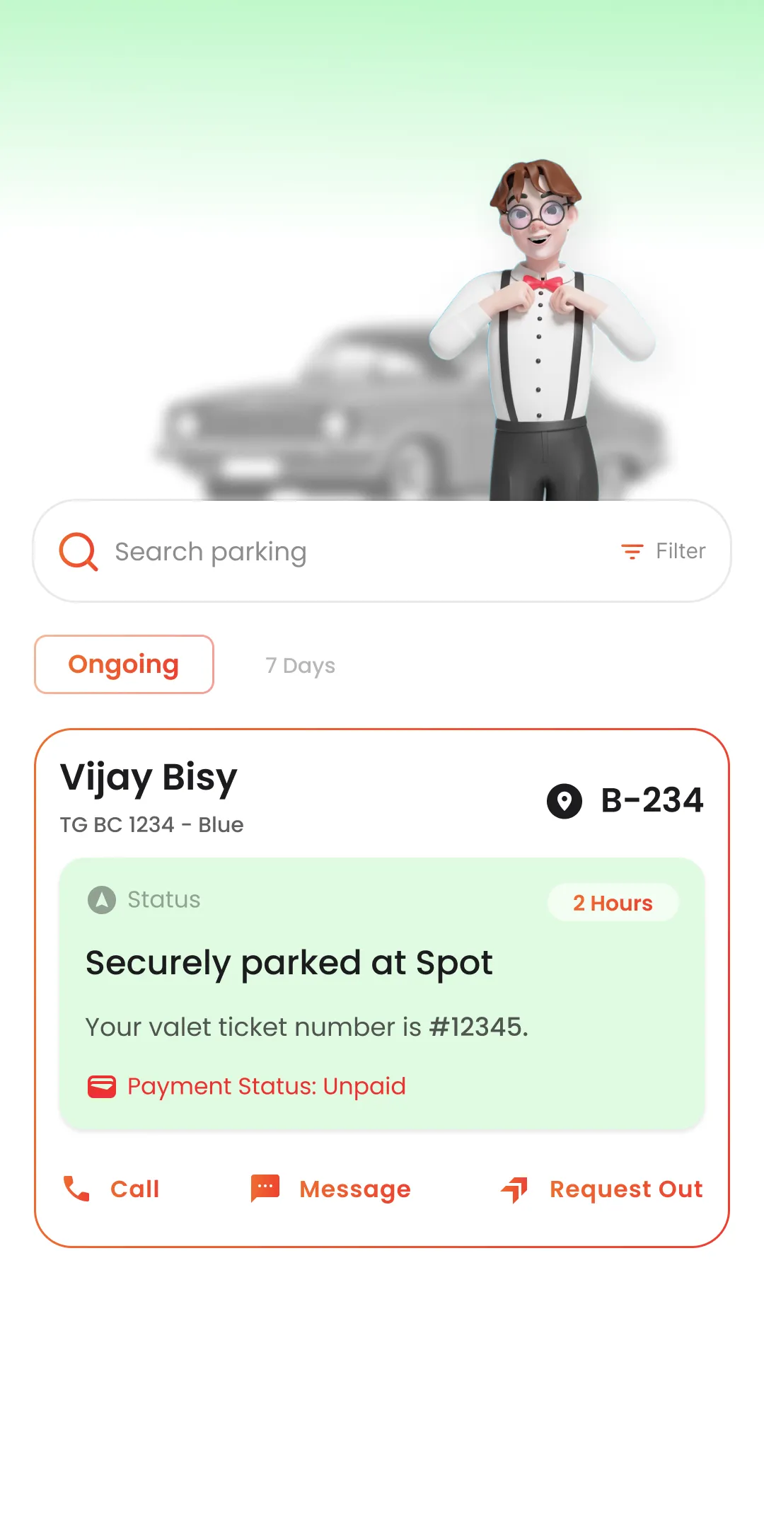 Valet Integration Mobile App Interface